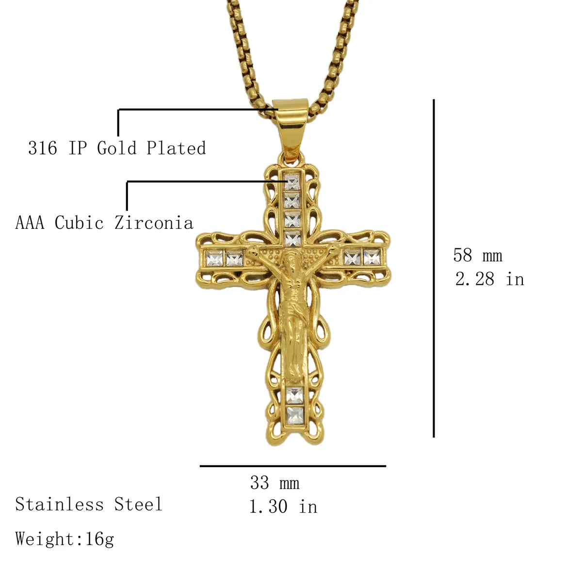 1 Piece 58*33mm 316 Stainless Steel  Zircon Cross Pendant