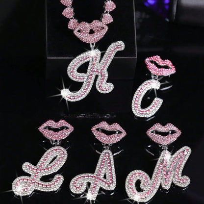 1PC A-Z Women Sexy Lips Name Letter Pendant Necklace Silver Full Diamond Iced Out Personalized Name Initials Charm Necklace Jewelry