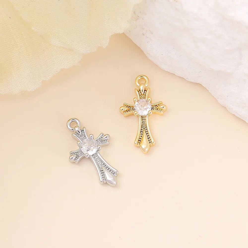 1 Piece 8 * 15mm Copper Zircon 18K Gold Plated White Gold Plated Cross Polished Pendant