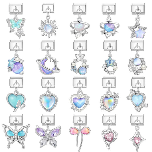 1 Piece 9*10mm Titanium Steel Zircon Star Heart Shape Butterfly Italian Charms