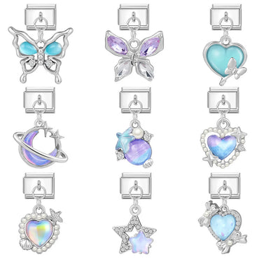 1 Piece 9*10mm Titanium Steel Zircon Star Heart Shape Butterfly Italian Charms