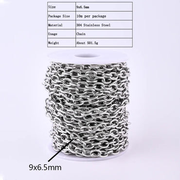 1 Roll 9*6.5mm 304 Stainless Steel Solid Color Thread Polished Chain