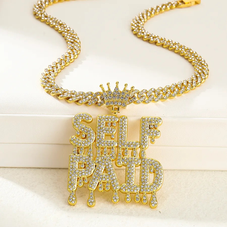 1PC Self Paid Charm Pendant Necklace Jewelry Hip Hop Cuban Chain Full Diamond Stone Rapper Punk Street Gold Jewelry With Rhinestone