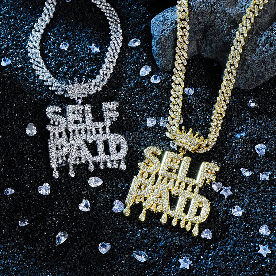 1PC Self Paid Charm Pendant Necklace Jewelry Hip Hop Cuban Chain Full Diamond Stone Rapper Punk Street Gold Jewelry With Rhinestone