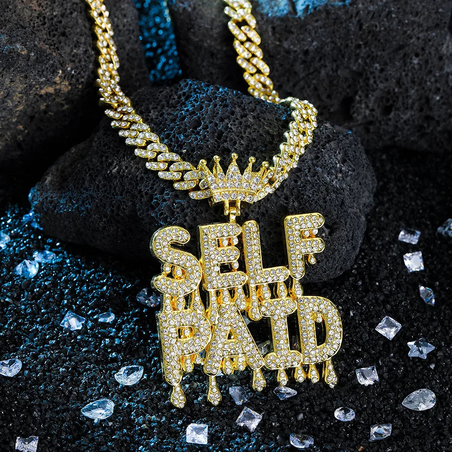 1PC Self Paid Charm Pendant Necklace Jewelry Hip Hop Cuban Chain Full Diamond Stone Rapper Punk Street Gold Jewelry With Rhinestone