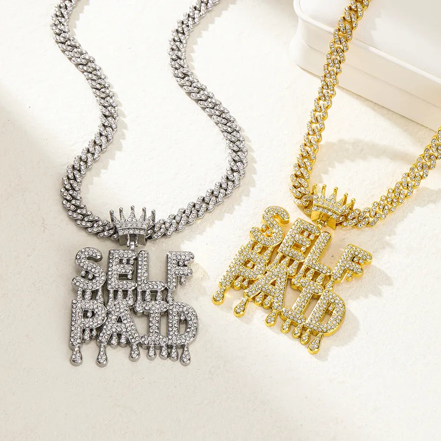 1PC Self Paid Charm Pendant Necklace Jewelry Hip Hop Cuban Chain Full Diamond Stone Rapper Punk Street Gold Jewelry With Rhinestone