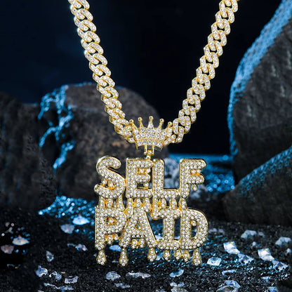 1PC Self Paid Charm Pendant Necklace Jewelry Hip Hop Cuban Chain Full Diamond Stone Rapper Punk Street Gold Jewelry With Rhinestone