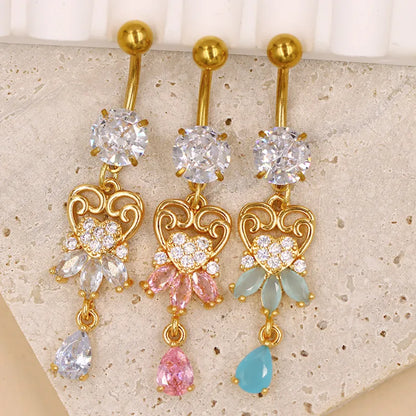 1 Piece Belly Rings Casual Elegant Classic Style Water Droplets Heart Shape 316 Stainless Steel  Alloy Inlay Resin Rhinestones Glass Gold Plated