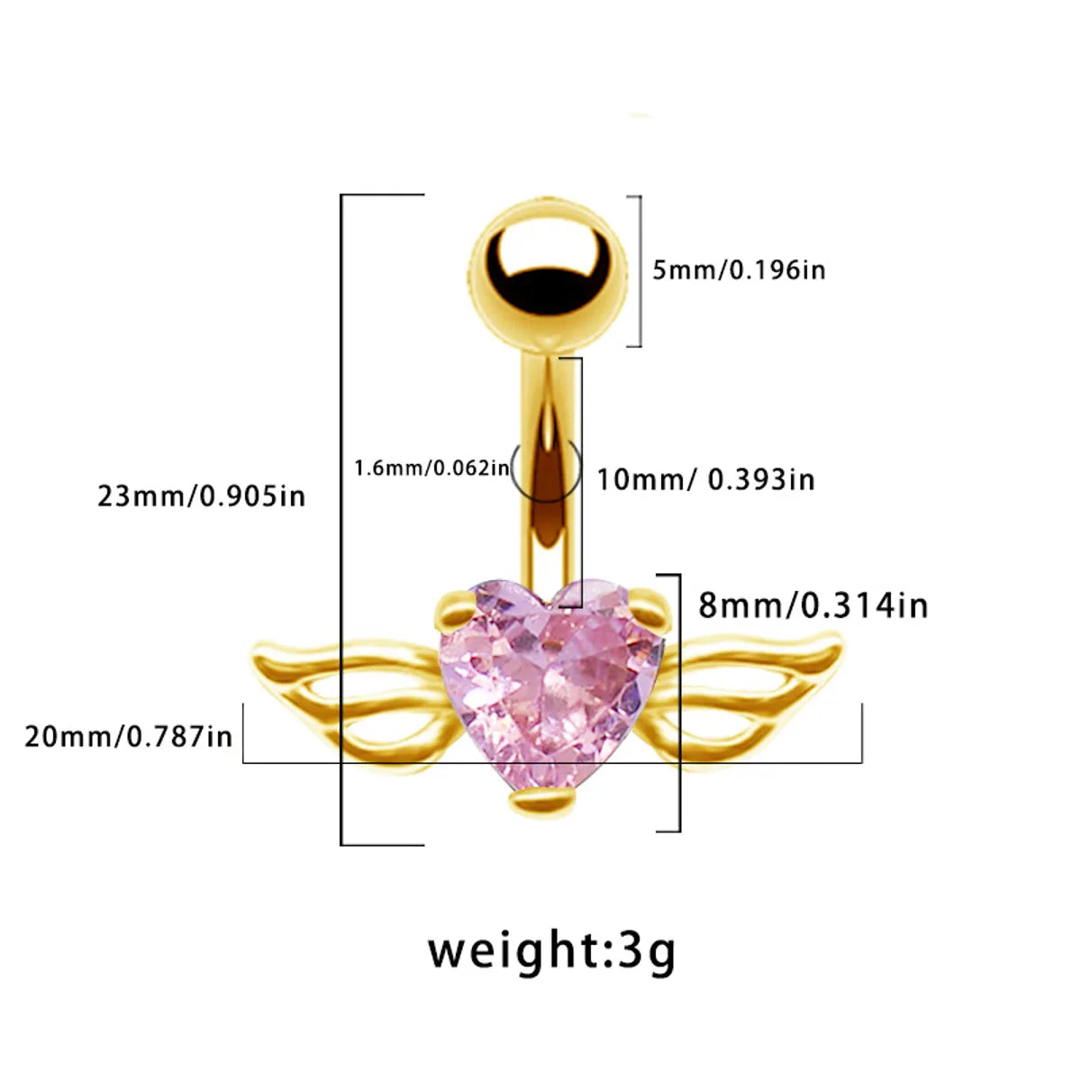 1 Piece Belly Rings Casual Simple Style Heart Shape Wings 316 Stainless Steel  Alloy Inlay Zircon Gold Plated Silver Plated