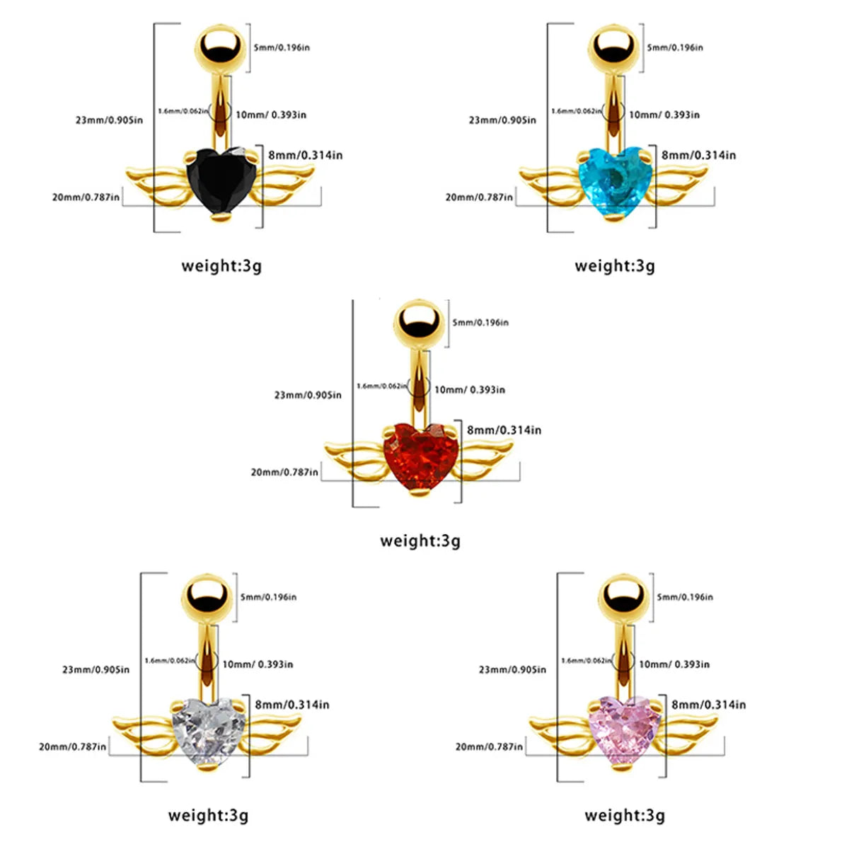 1 Piece Belly Rings Casual Simple Style Heart Shape Wings 316 Stainless Steel  Alloy Inlay Zircon Gold Plated Silver Plated