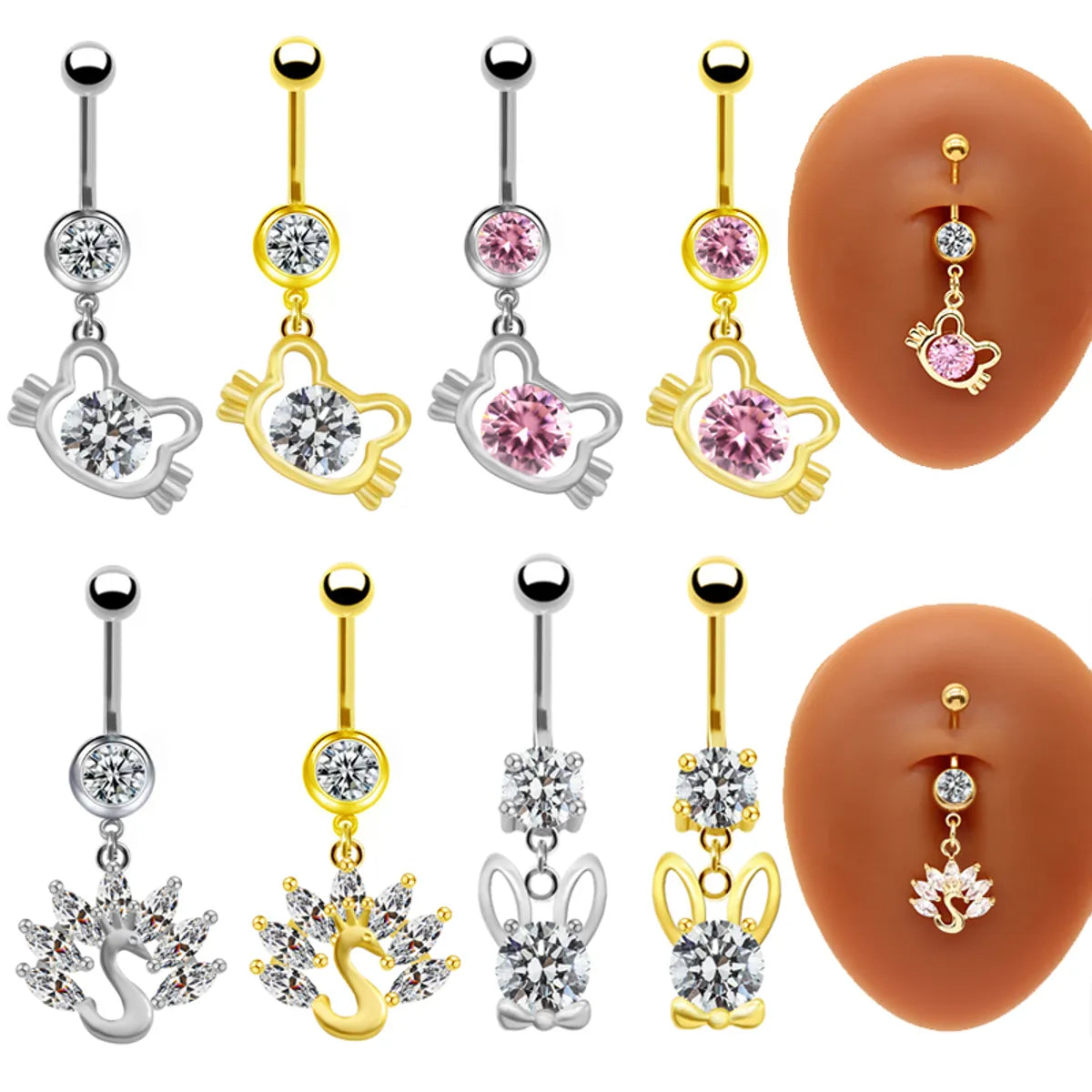 1 Piece Belly Rings Elegant Cute Shiny Rabbit Peacock Cat Stainless Steel Copper Hollow Out Inlay Rhinestones Zircon White Gold Plated Gold Plated