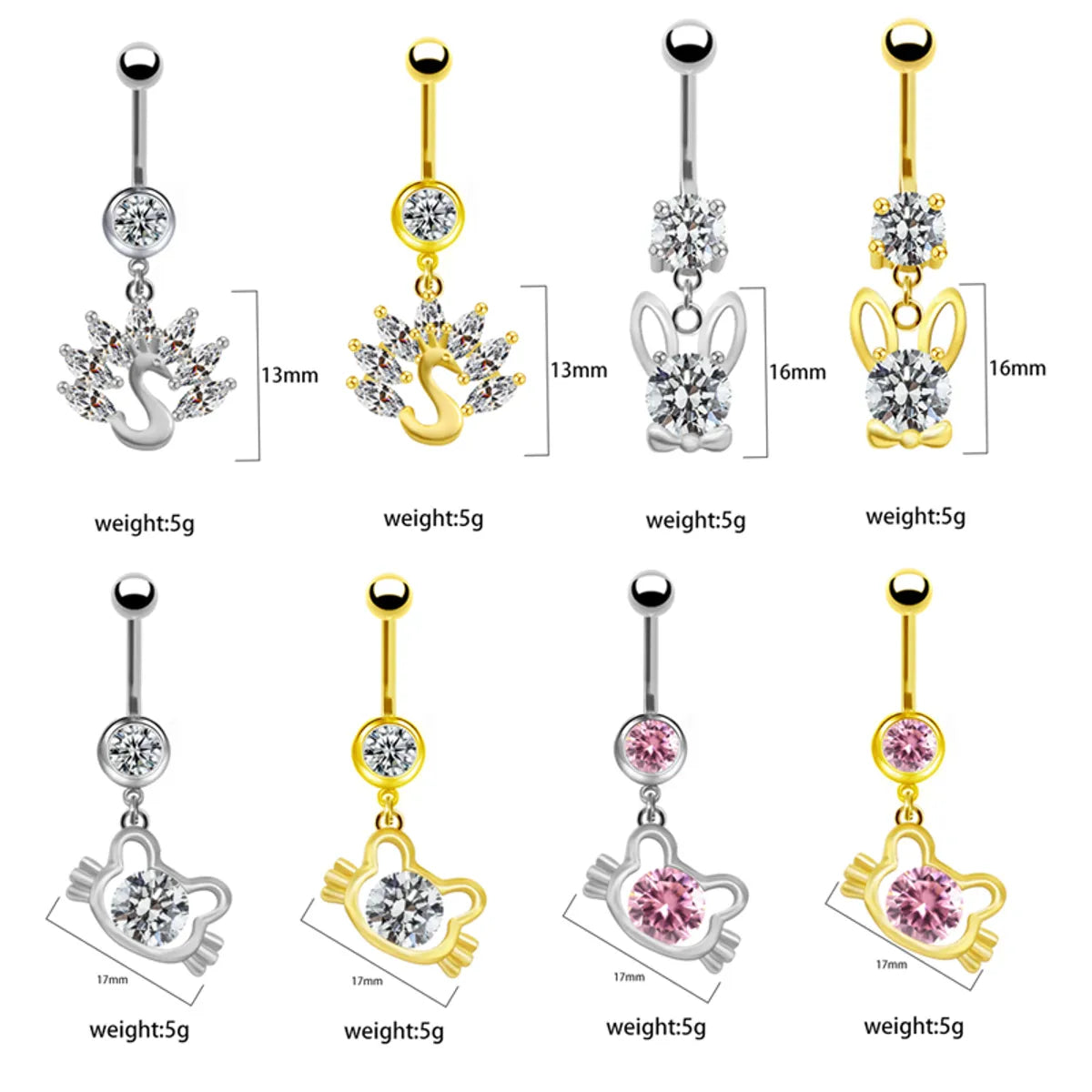 1 Piece Belly Rings Elegant Cute Shiny Rabbit Peacock Cat Stainless Steel Copper Hollow Out Inlay Rhinestones Zircon White Gold Plated Gold Plated