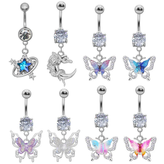 1 Piece Belly Rings Elegant Sexy Moon Butterfly 316 Stainless Steel  Alloy Plating Inlay Acrylic Rhinestones Zircon White Gold Plated