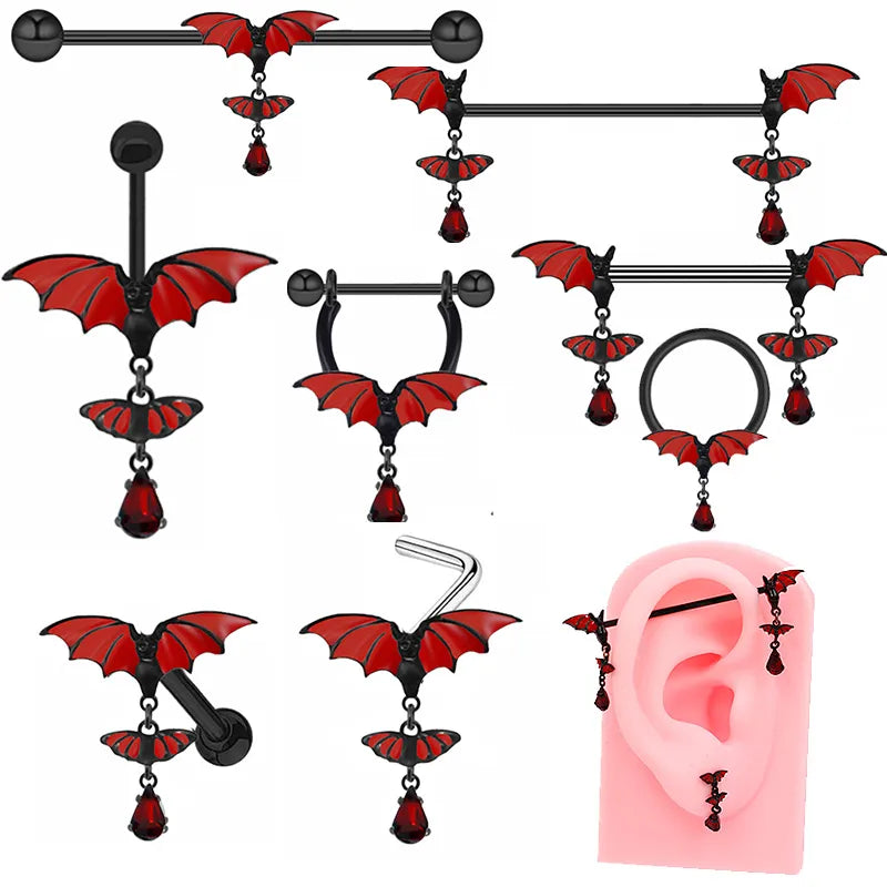 1 Piece Belly Rings Gothic Retro Wings Bat 316 Stainless Steel  Alloy Copper Epoxy Inlay Resin Glass White Gold Plated Ear Cartilage Rings & Studs Belly Rings Nose Rings & Studs