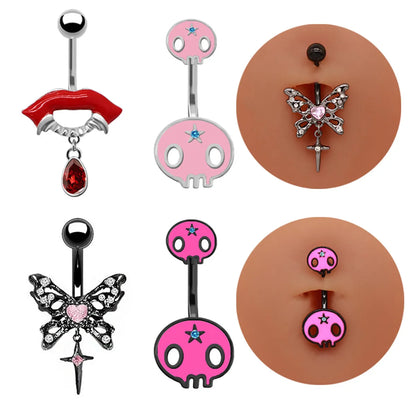 1 Piece Belly Rings Hip-Hop Exaggerated Rock Lips Butterfly Skull Stainless Steel Alloy Epoxy Hollow Out Inlay Rhinestones White Gold Plated