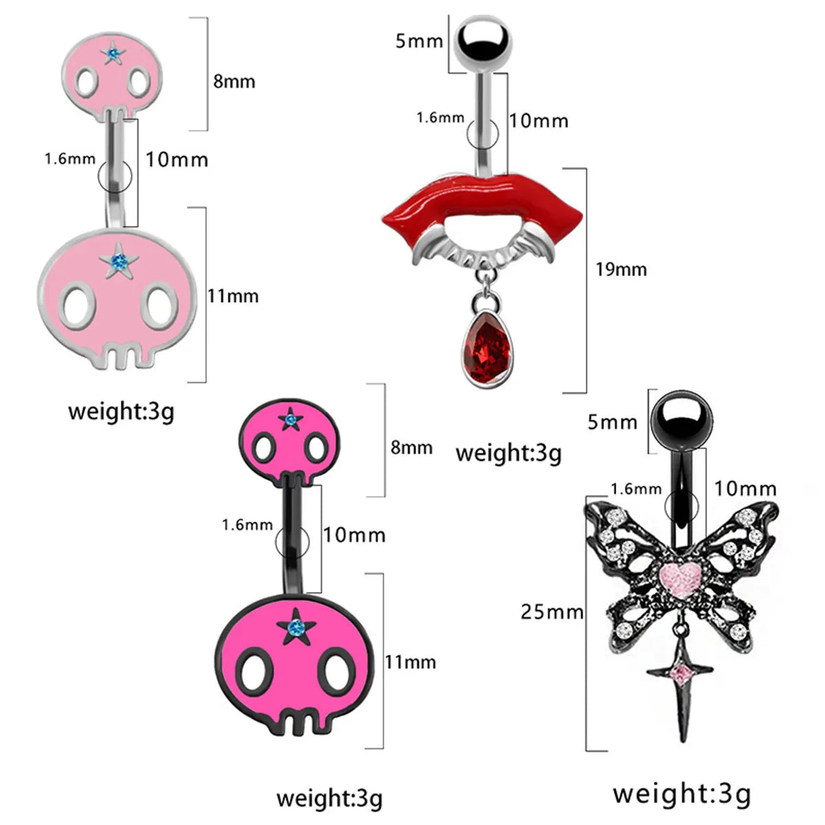 1 Piece Belly Rings Hip-Hop Exaggerated Rock Lips Butterfly Skull Stainless Steel Alloy Epoxy Hollow Out Inlay Rhinestones White Gold Plated