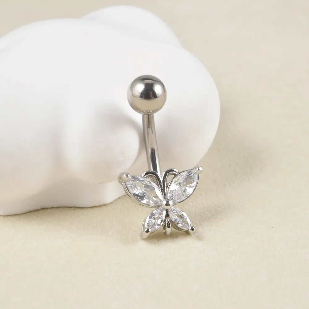 1 Piece Belly Rings IG Style Simple Style Cool Style Butterfly 304 Stainless Steel Inlay Zircon Belly Rings