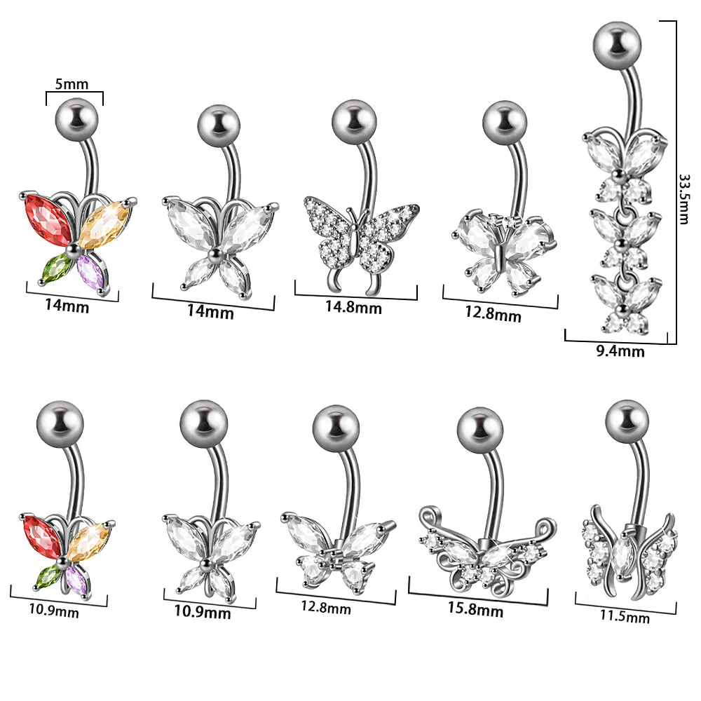 1 Piece Belly Rings IG Style Simple Style Cool Style Butterfly 304 Stainless Steel Inlay Zircon Belly Rings