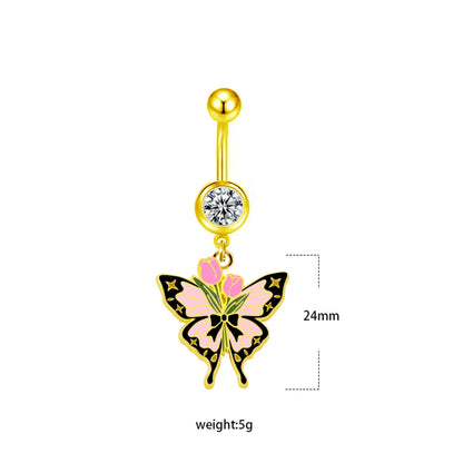 1 Piece Belly Rings Sexy Heart Shape Flower Butterfly Stainless Steel Enamel Plating Inlay Rhinestones Belly Ring