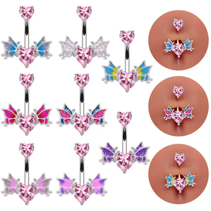 1 Piece Belly Rings Sexy Heart Shape Wings Butterfly Stainless Steel Inlay Rhinestones Belly Ring