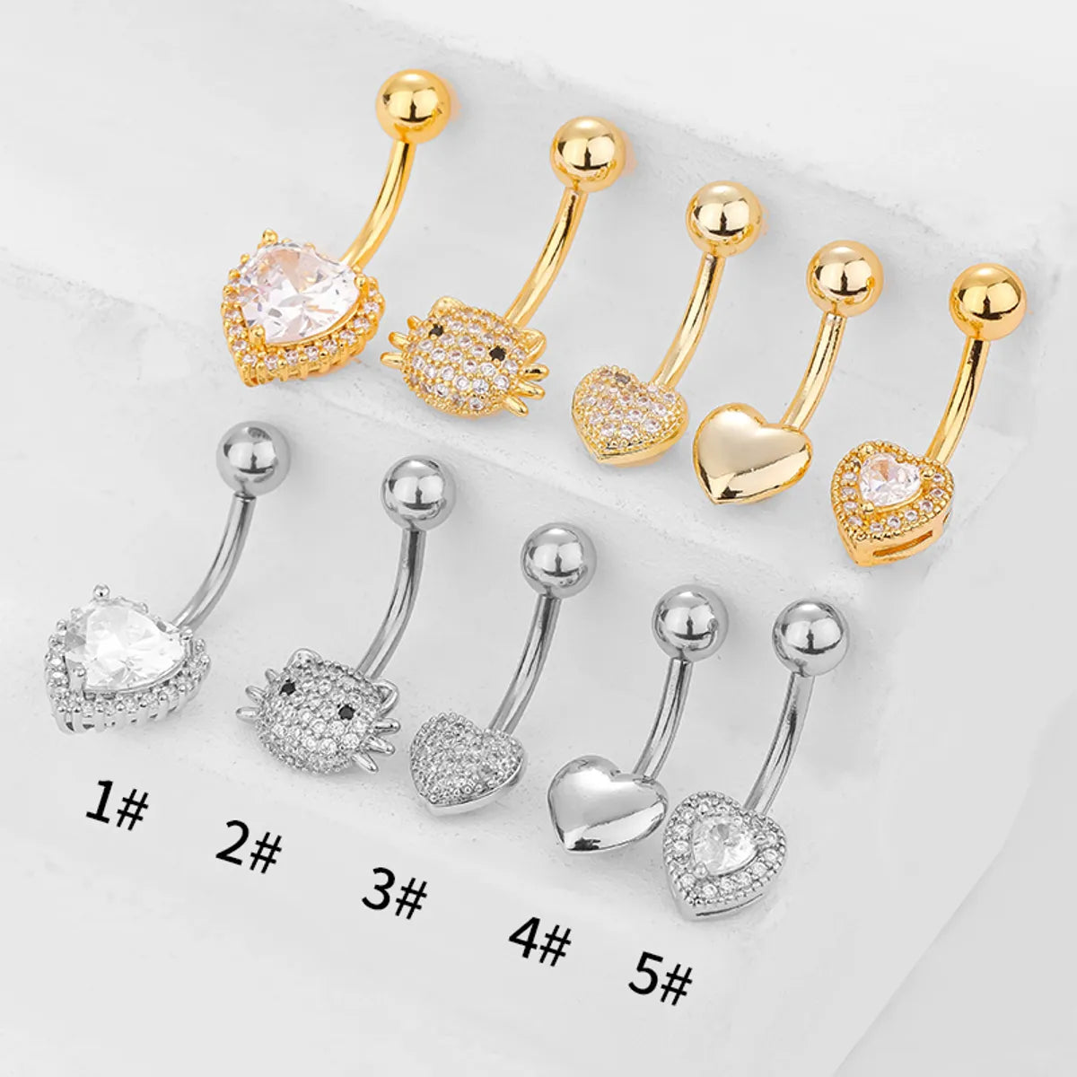 1 Piece Belly Rings Simple Style Classic Style Heart Shape Cat 316L Stainless Steel  Plating Inlay Zircon 14K Gold Plated Belly Rings