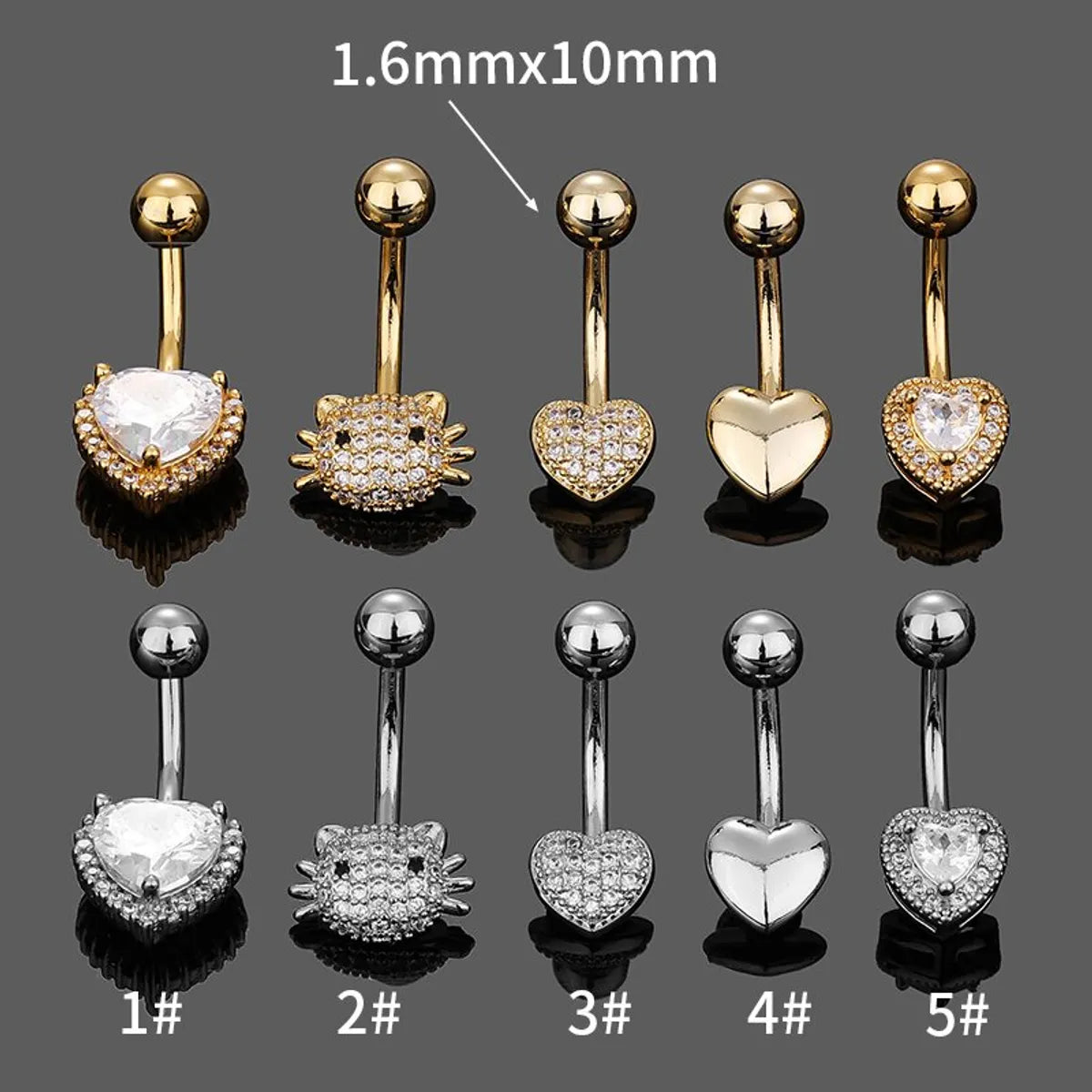 1 Piece Belly Rings Simple Style Classic Style Heart Shape Cat 316L Stainless Steel  Plating Inlay Zircon 14K Gold Plated Belly Rings