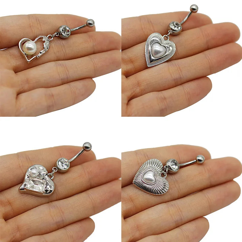 1 Piece Belly Rings Simple Style Classic Style Moon Heart Shape 316 Stainless Steel  Alloy Plating Inlay Resin Glass Pearl White Gold Plated