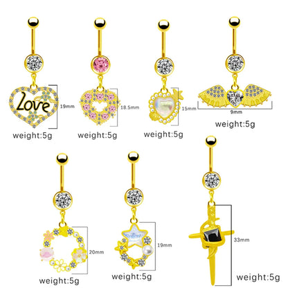 1 Piece Belly Rings Simple Style Shiny Star Heart Shape Wings Stainless Steel Alloy Copper Hollow Out Inlay Rhinestones Glass Zircon Gold Plated