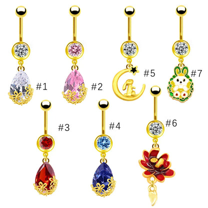 1 Piece Belly Rings Sweet Pastoral Water Droplets Rose Flower Stainless Steel Alloy Inlay Acrylic Rhinestones White Gold Plated Gold Plated