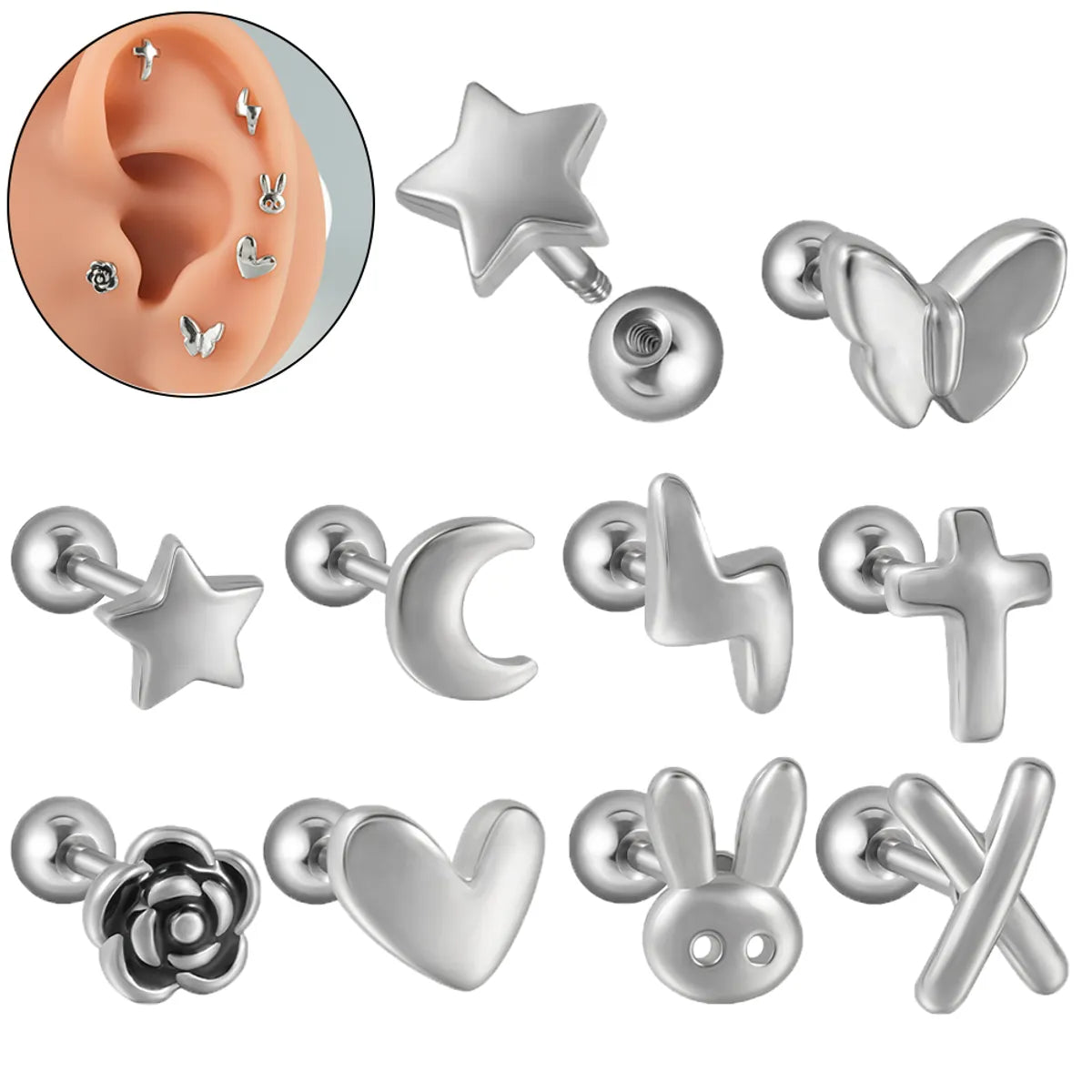 1 Piece Casual Beach Tropical Cross Star Heart Shape 304 Stainless Steel Ear Studs Cartilage Earrings