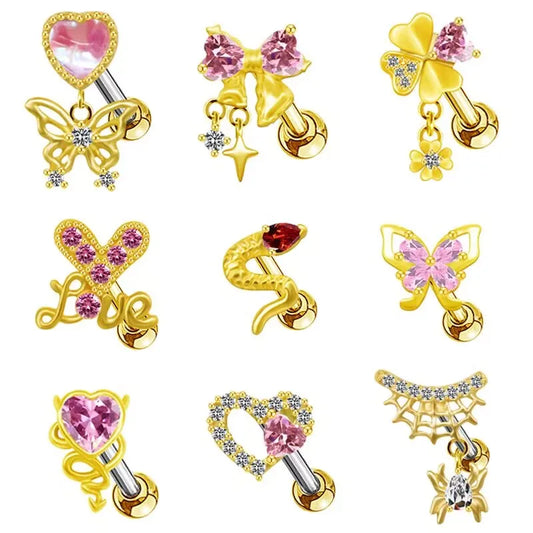 1 Piece Casual Elegant Tropical Heart Shape Bow Knot Rhinestone Plating Inlay 304 Stainless Steel Copper Gem Rhinestones Zircon 18K Gold Plated Cartilage Earrings