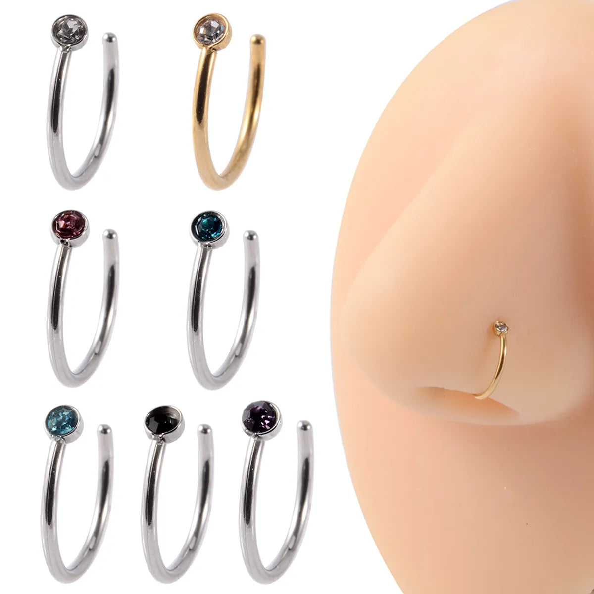 1 Piece Ear Cartilage Rings & Studs Casual Hip-Hop Modern Style C Shape 304 Stainless Steel Inlay Rhinestones 18K Gold Plated