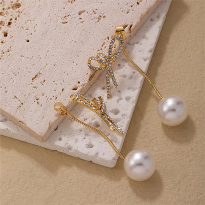 1 Piece Casual Simple Style Bow Knot Alloy Zinc Alloy Pearl Zircon K Gold Plated Drop Earrings