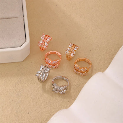 1 Piece Casual Simple Style Leaves Copper Zircon Rose Gold Plated Silver Plated Huggie Earrings