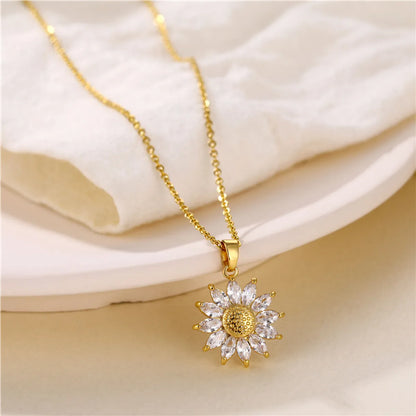 1 Piece Casual Sunflower Circle Stainless Steel Titanium Steel Polishing Plating Inlay Diamond Pendant Necklace