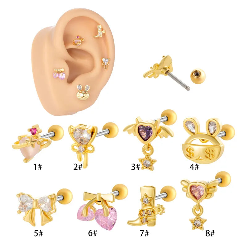 1 Piece Classic Style Heart Shape Bow Knot Inlay 316 Stainless Steel  Copper Zircon Ear Studs