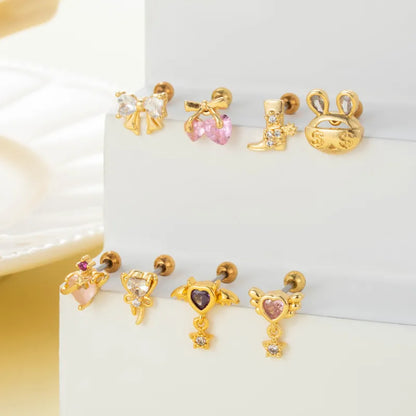 1 Piece Classic Style Heart Shape Bow Knot Inlay 316 Stainless Steel  Copper Zircon Ear Studs