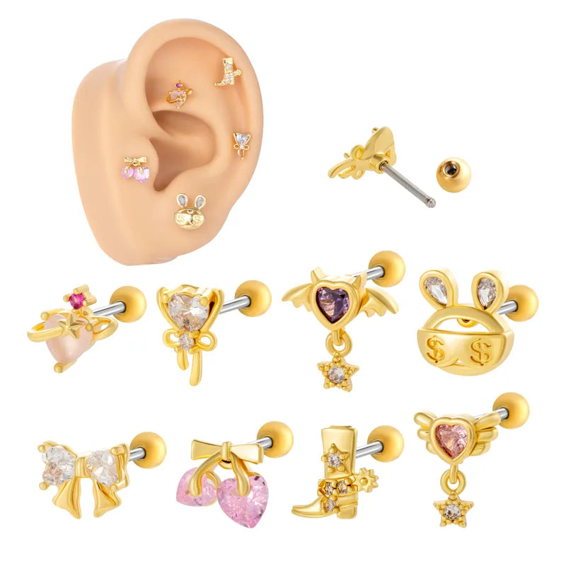 1 Piece Classic Style Heart Shape Bow Knot Inlay 316 Stainless Steel  Copper Zircon Ear Studs