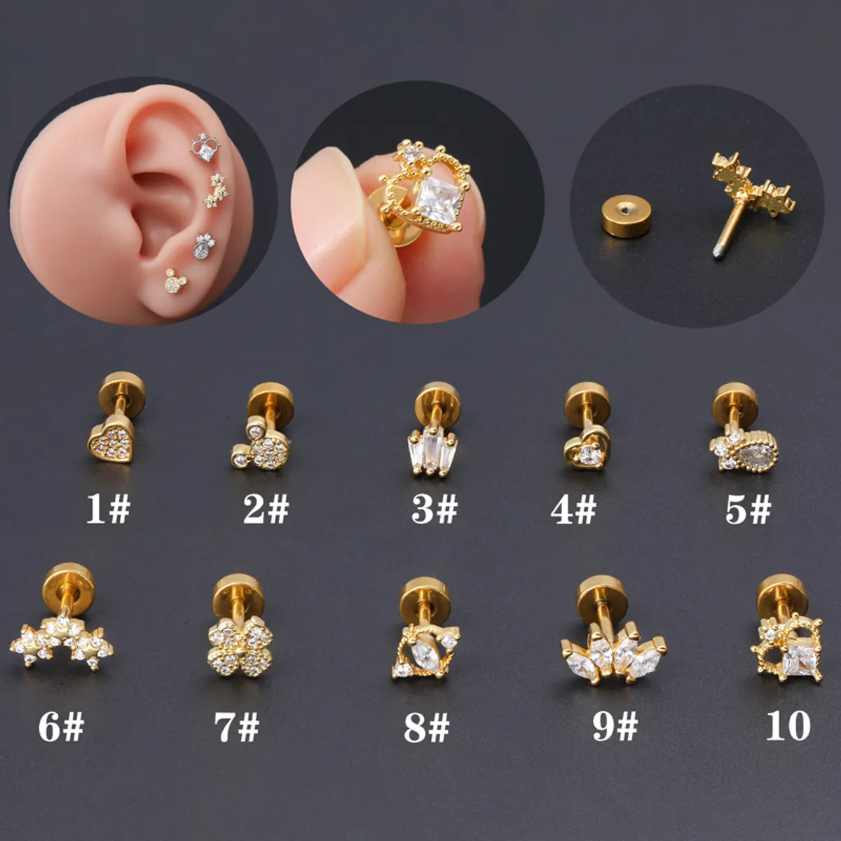 1 Piece Classic Style Heart Shape Polishing Plating Stainless Steel Copper Zircon 18K Gold Plated Ear Studs