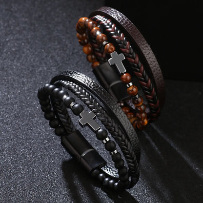 Classical Cross Alloy Tiger Eye Obsidian Knitting Men'S Bangle