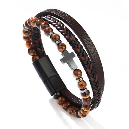 Classical Cross Alloy Tiger Eye Obsidian Knitting Men'S Bangle