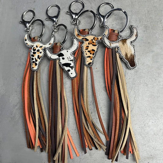 1 Piece Cowboy Style Bull Head Alloy Leather Tassel Bag Pendant Keychain