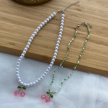 1 Piece Cute Cherry Artificial Crystal Pearl Beaded Women's Pendant Necklace