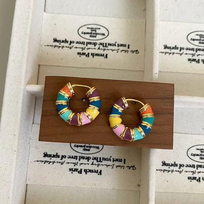 1 Piece Cute Sweet Commute V Shape Round Rainbow Enamel Lacquer Painting Copper 14K Gold Plated 18K Gold Plated Hoop Earrings Drop Earrings