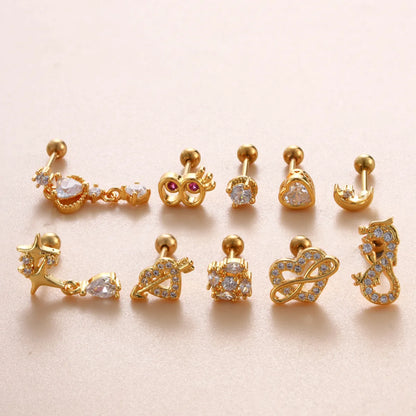 1 Piece Ear Cartilage Rings & Studs Casual Classic Style Korean Style Moon Heart Shape Copper Inlay Zircon