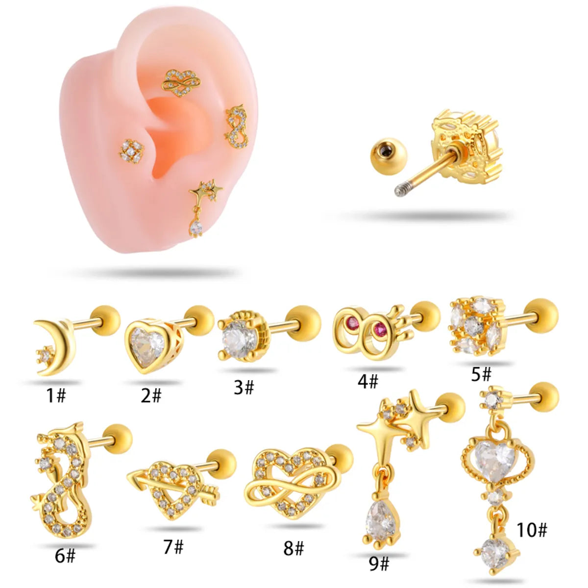 1 Piece Ear Cartilage Rings & Studs Casual Classic Style Korean Style Moon Heart Shape Copper Inlay Zircon