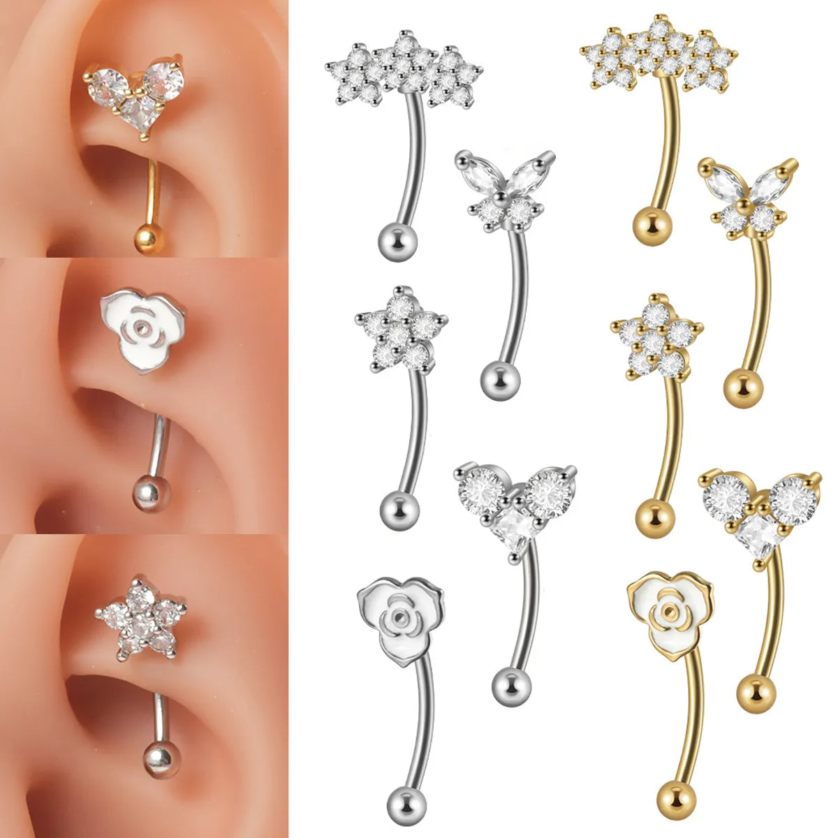 1 Piece Ear Cartilage Rings & Studs Casual Tropical Sweet Heart Shape Flower Butterfly 304 Stainless Steel Polishing Inlay Zircon 18K Gold Plated Lip Rings Ear Cartilage Rings & Studs