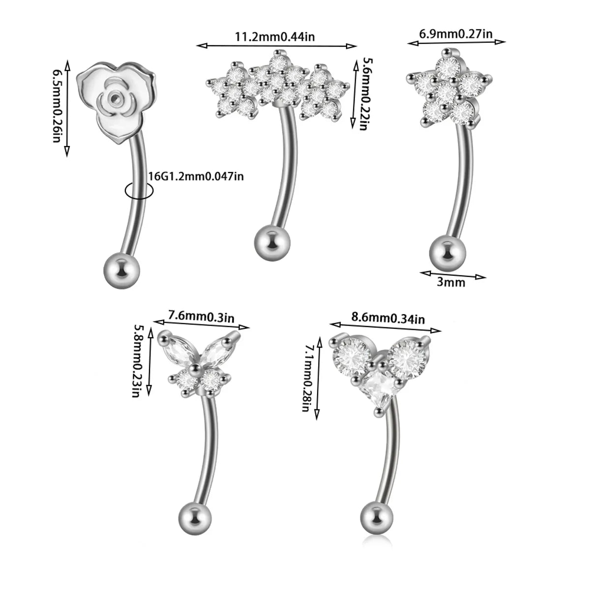 1 Piece Ear Cartilage Rings & Studs Casual Tropical Sweet Heart Shape Flower Butterfly 304 Stainless Steel Polishing Inlay Zircon 18K Gold Plated Lip Rings Ear Cartilage Rings & Studs