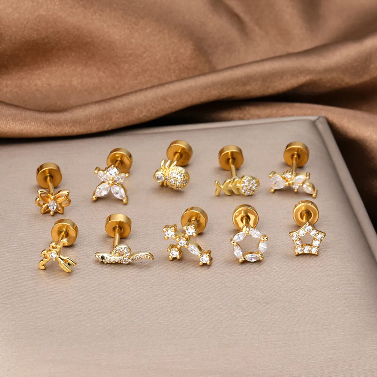 1 Piece Ear Cartilage Rings & Studs Classic Style Cross Snake Stainless Steel Copper Plating Inlay Zircon 18K Gold Plated Ear Cartilage Rings & Studs