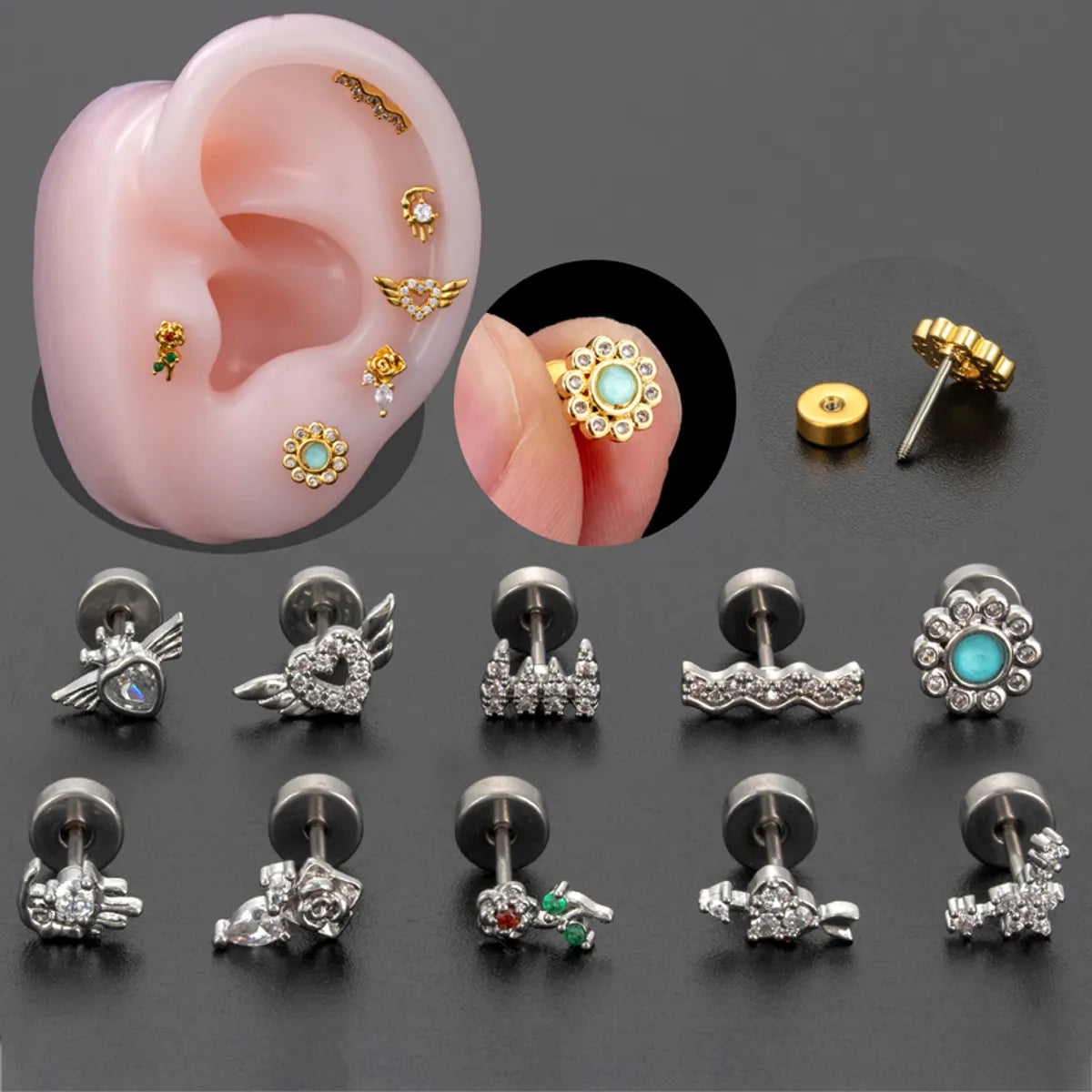 1 Piece Ear Cartilage Rings & Studs Classic Style Geometric Copper Polishing Inlay Diamond 18K Gold Plated Ear Cartilage Rings & Studs